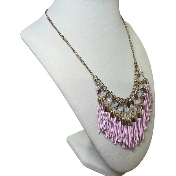 10.5” Pink Crystal Lucite Tassel Chandelier Runway Necklace And Earrings - Picture 4 of 12